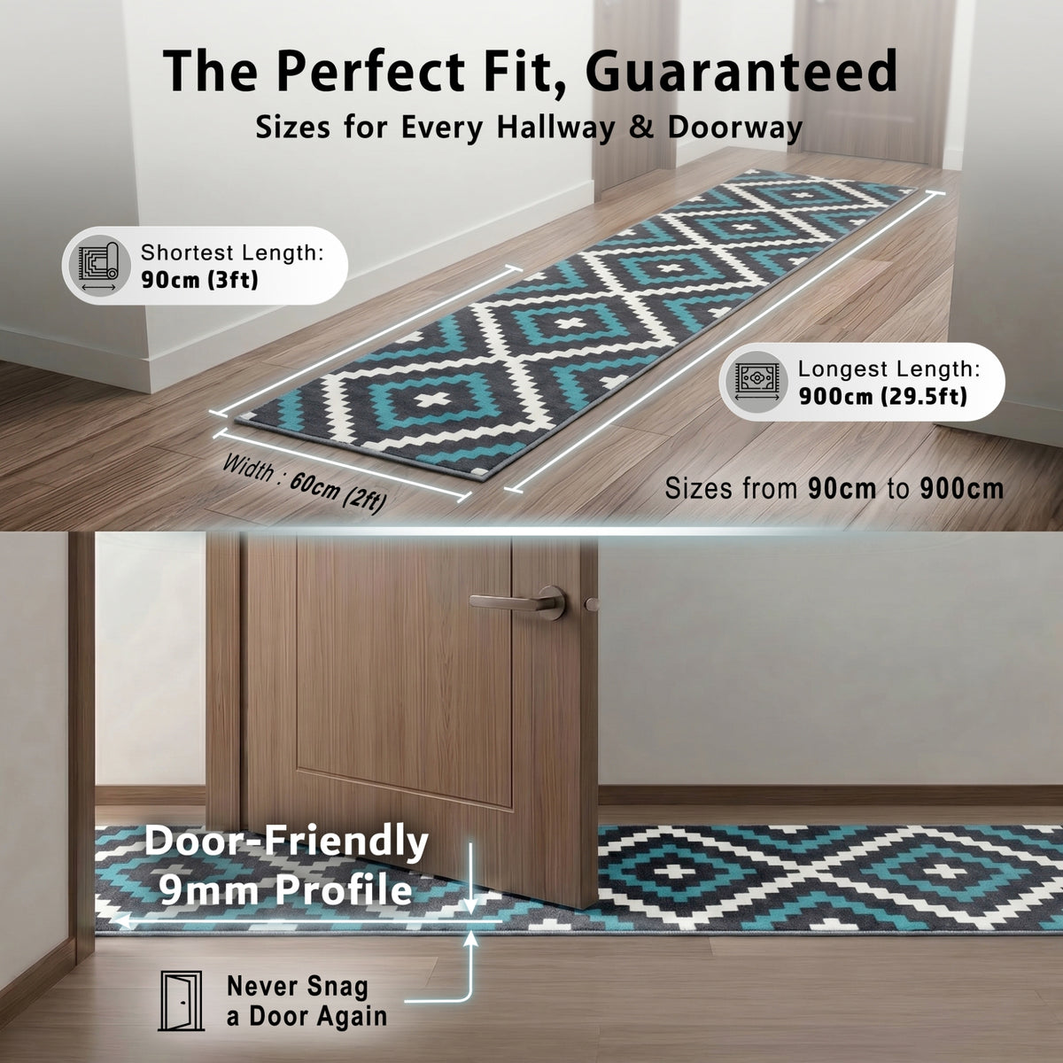 Tapis d'escalier de cuisine avec envers en toile de jute - Motifs géométriques bleu et gris du Texas
