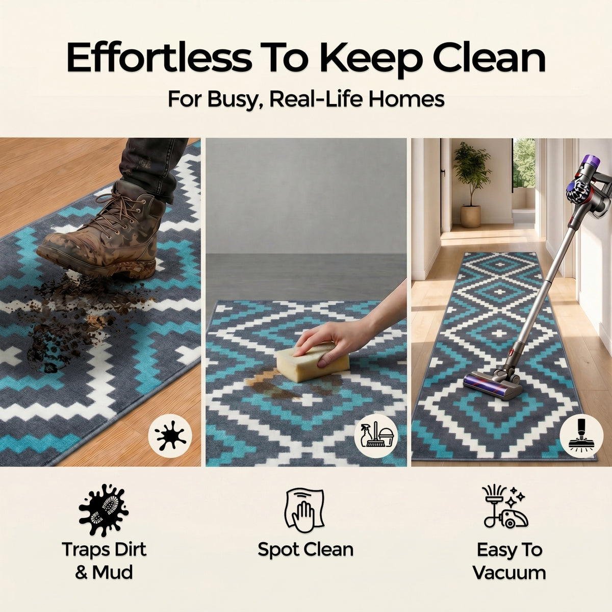 Tapis d'escalier de cuisine avec envers en toile de jute - Motifs géométriques bleu et gris du Texas