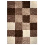 California Beige Checked Shaggy Rug, Cream, Beige and Brown Tartan Thick 5cm Pile Rug for Living Room and Bedroom