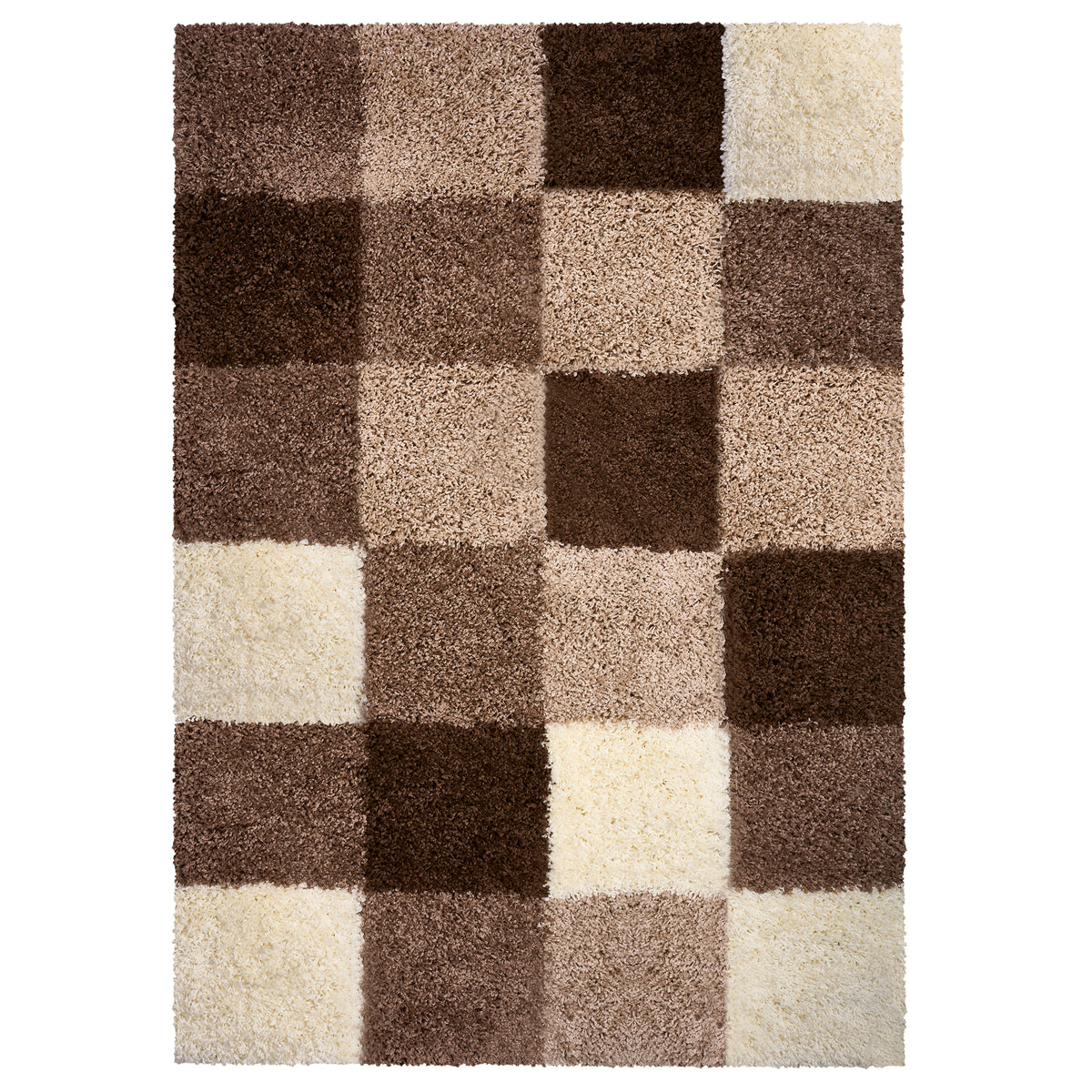 California Beige Checked Shaggy Rug, Cream, Beige and Brown Tartan Thick 5cm Pile Rug for Living Room and Bedroom
