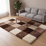 California Beige Checked Shaggy Rug, Cream, Beige and Brown Tartan Thick 5cm Pile Rug for Living Room and Bedroom
