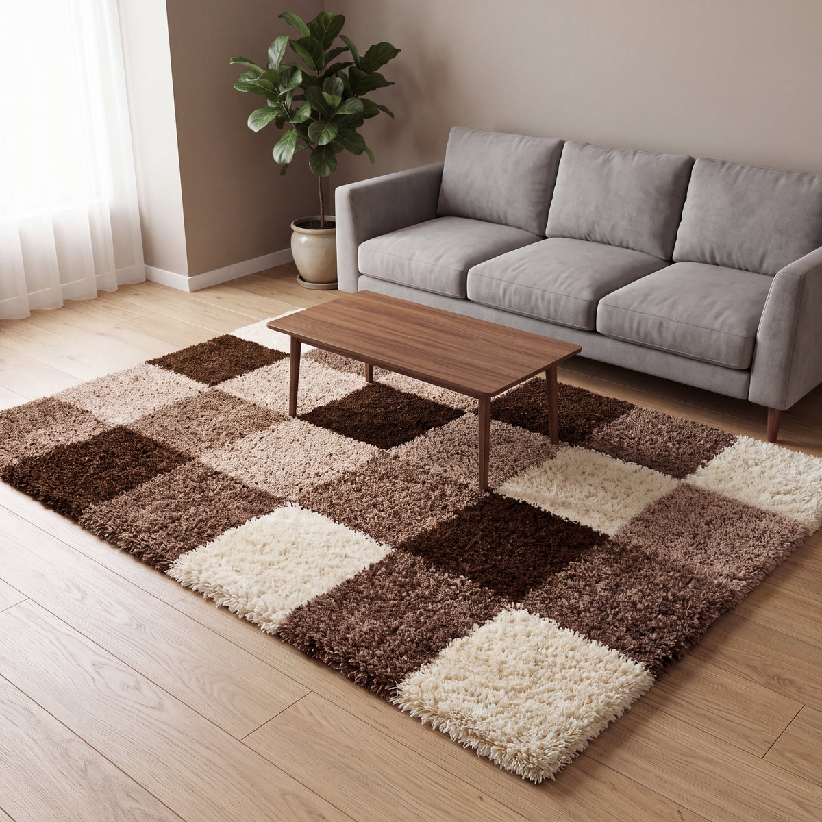 California Beige Checked Shaggy Rug, Cream, Beige and Brown Tartan Thick 5cm Pile Rug for Living Room and Bedroom