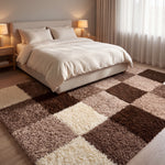 California Beige Checked Shaggy Rug, Cream, Beige and Brown Tartan Thick 5cm Pile Rug for Living Room and Bedroom