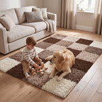 California Beige Checked Shaggy Rug, Cream, Beige and Brown Tartan Thick 5cm Pile Rug for Living Room and Bedroom