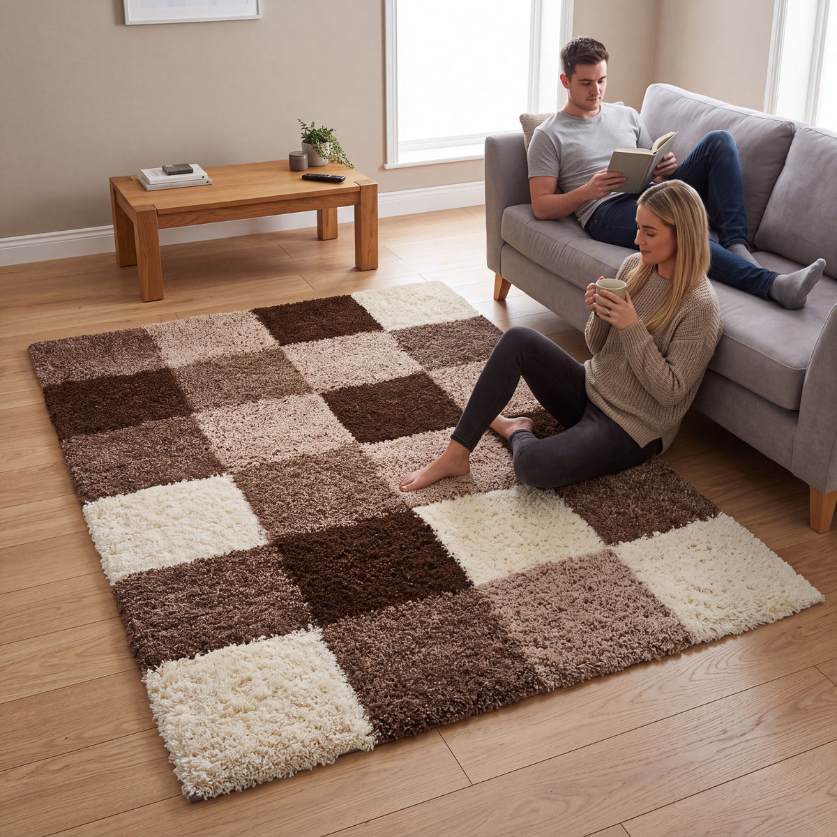 California Beige Checked Shaggy Rug, Cream, Beige and Brown Tartan Thick 5cm Pile Rug for Living Room and Bedroom