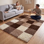 California Beige Checked Shaggy Rug, Cream, Beige and Brown Tartan Thick 5cm Pile Rug for Living Room and Bedroom