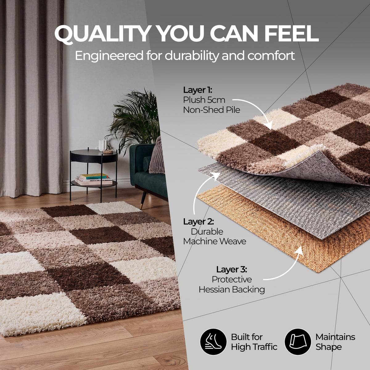 California Beige Checked Shaggy Rug, Cream, Beige and Brown Tartan Thick 5cm Pile Rug for Living Room and Bedroom