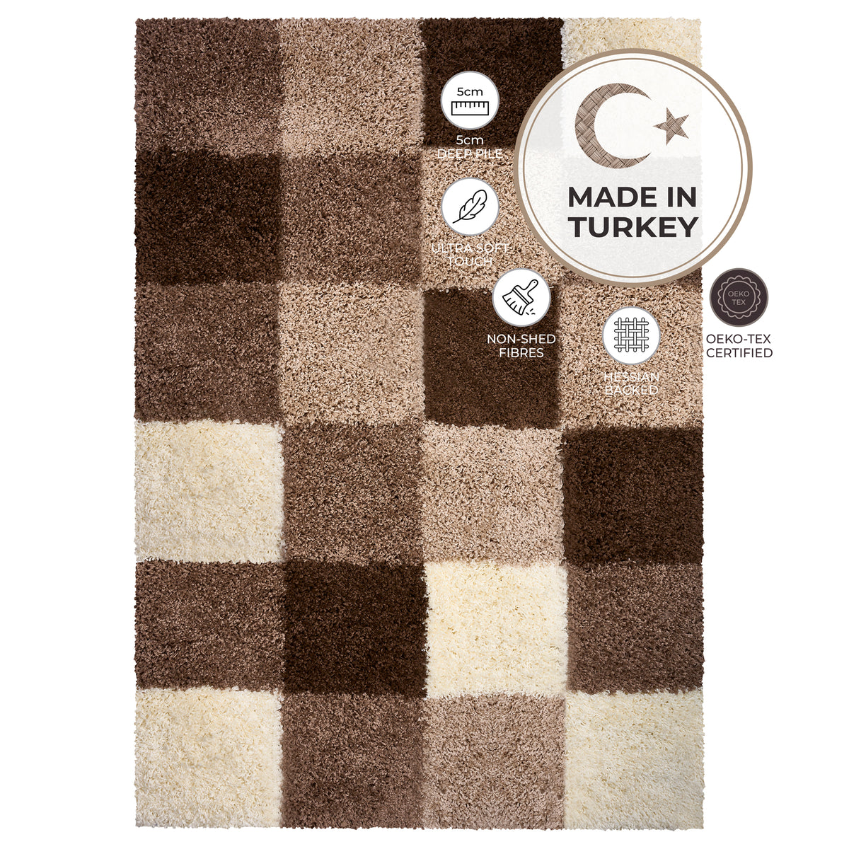 California Beige Checked Shaggy Rug, Cream, Beige and Brown Tartan Thick 5cm Pile Rug for Living Room and Bedroom