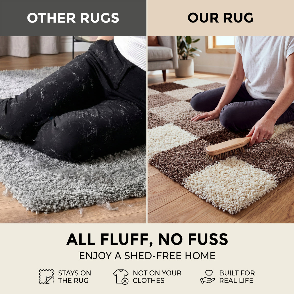 California Beige Checked Shaggy Rug, Cream, Beige and Brown Tartan Thick 5cm Pile Rug for Living Room and Bedroom
