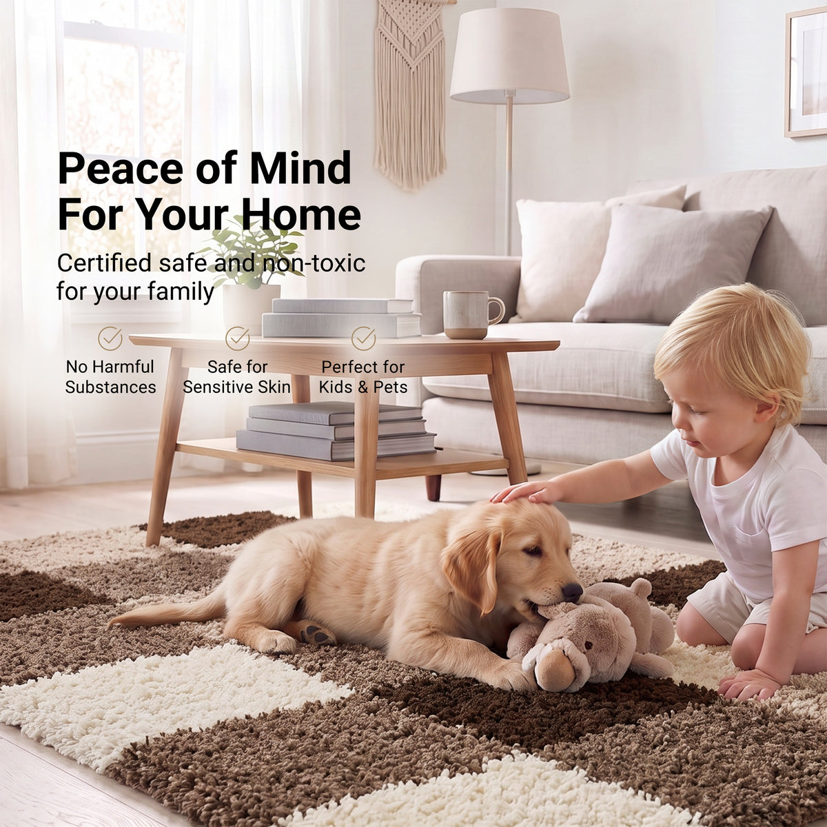 California Beige Checked Shaggy Rug, Cream, Beige and Brown Tartan Thick 5cm Pile Rug for Living Room and Bedroom