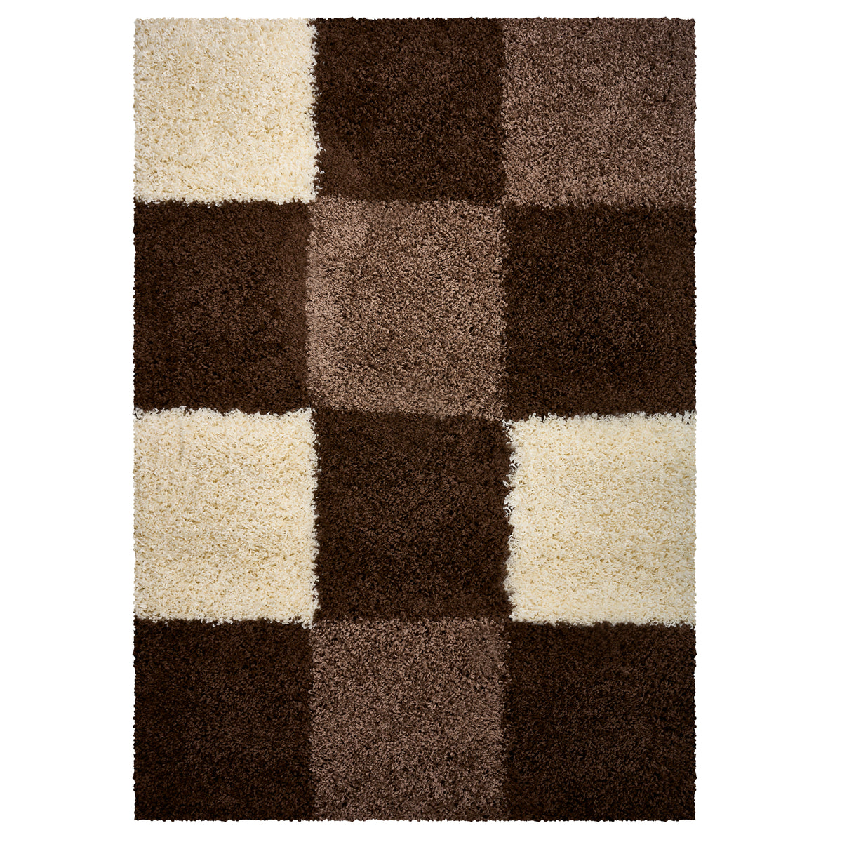 California Brown Checked Shaggy Rug, Brown, Beige and Cream Tartan Thick 5cm Pile Rug for Living Room and Bedroom