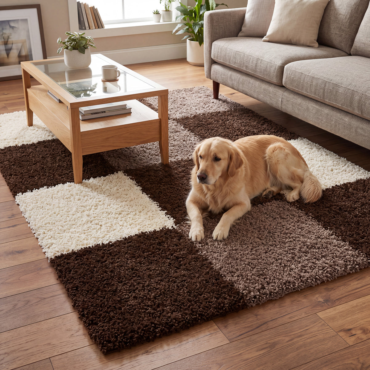 California Brown Checked Shaggy Rug, Brown, Beige and Cream Tartan Thick 5cm Pile Rug for Living Room and Bedroom