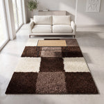 California Brown Checked Shaggy Rug, Brown, Beige and Cream Tartan Thick 5cm Pile Rug for Living Room and Bedroom