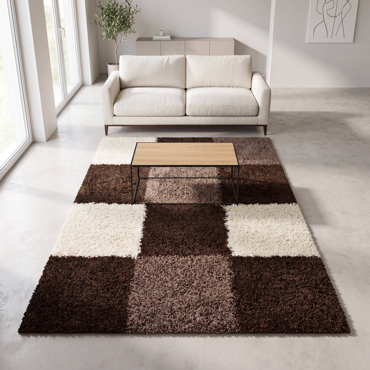 California Brown Checked Shaggy Rug, Brown, Beige and Cream Tartan Thick 5cm Pile Rug for Living Room and Bedroom