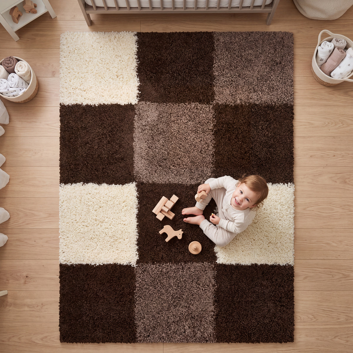 California Brown Checked Shaggy Rug, Brown, Beige and Cream Tartan Thick 5cm Pile Rug for Living Room and Bedroom