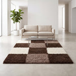 California Brown Checked Shaggy Rug, Brown, Beige and Cream Tartan Thick 5cm Pile Rug for Living Room and Bedroom