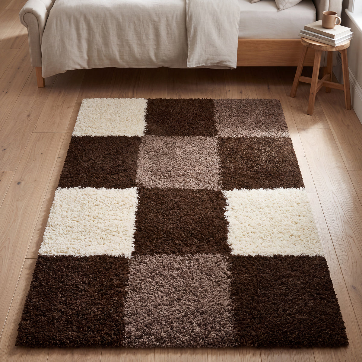 California Brown Checked Shaggy Rug, Brown, Beige and Cream Tartan Thick 5cm Pile Rug for Living Room and Bedroom