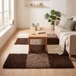 California Brown Checked Shaggy Rug, Brown, Beige and Cream Tartan Thick 5cm Pile Rug for Living Room and Bedroom