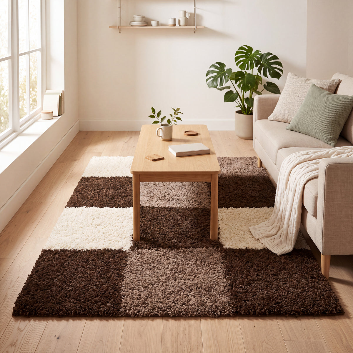 California Brown Checked Shaggy Rug, Brown, Beige and Cream Tartan Thick 5cm Pile Rug for Living Room and Bedroom