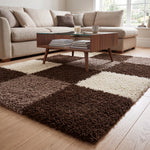 California Brown Checked Shaggy Rug, Brown, Beige and Cream Tartan Thick 5cm Pile Rug for Living Room and Bedroom