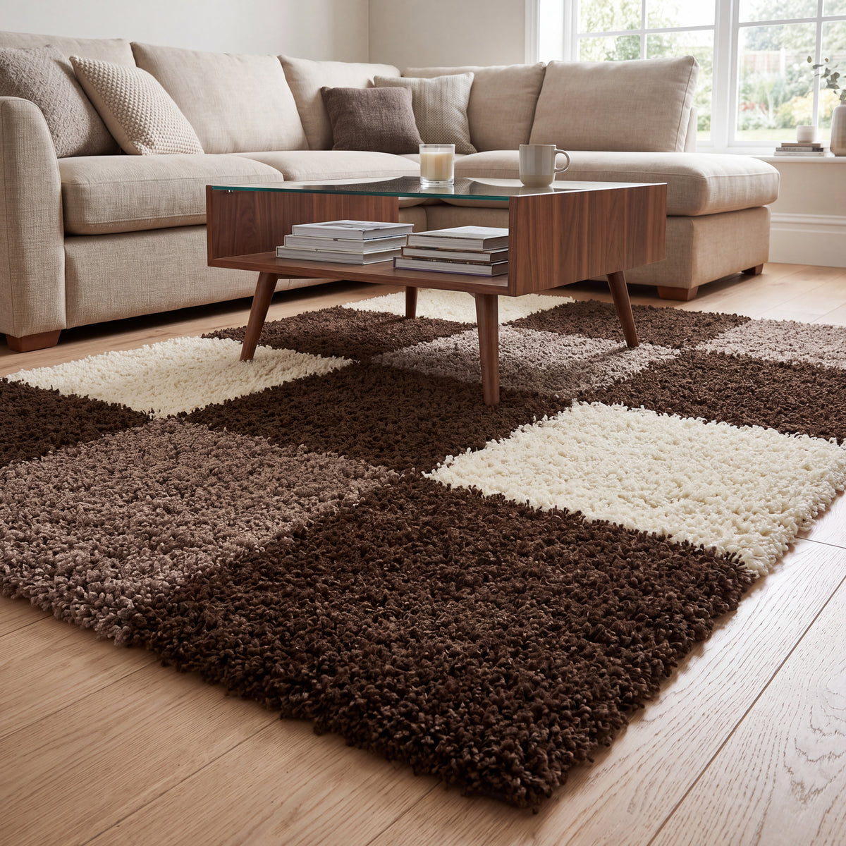 California Brown Checked Shaggy Rug, Brown, Beige and Cream Tartan Thick 5cm Pile Rug for Living Room and Bedroom