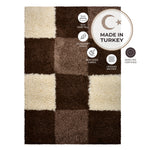 California Brown Checked Shaggy Rug, Brown, Beige and Cream Tartan Thick 5cm Pile Rug for Living Room and Bedroom