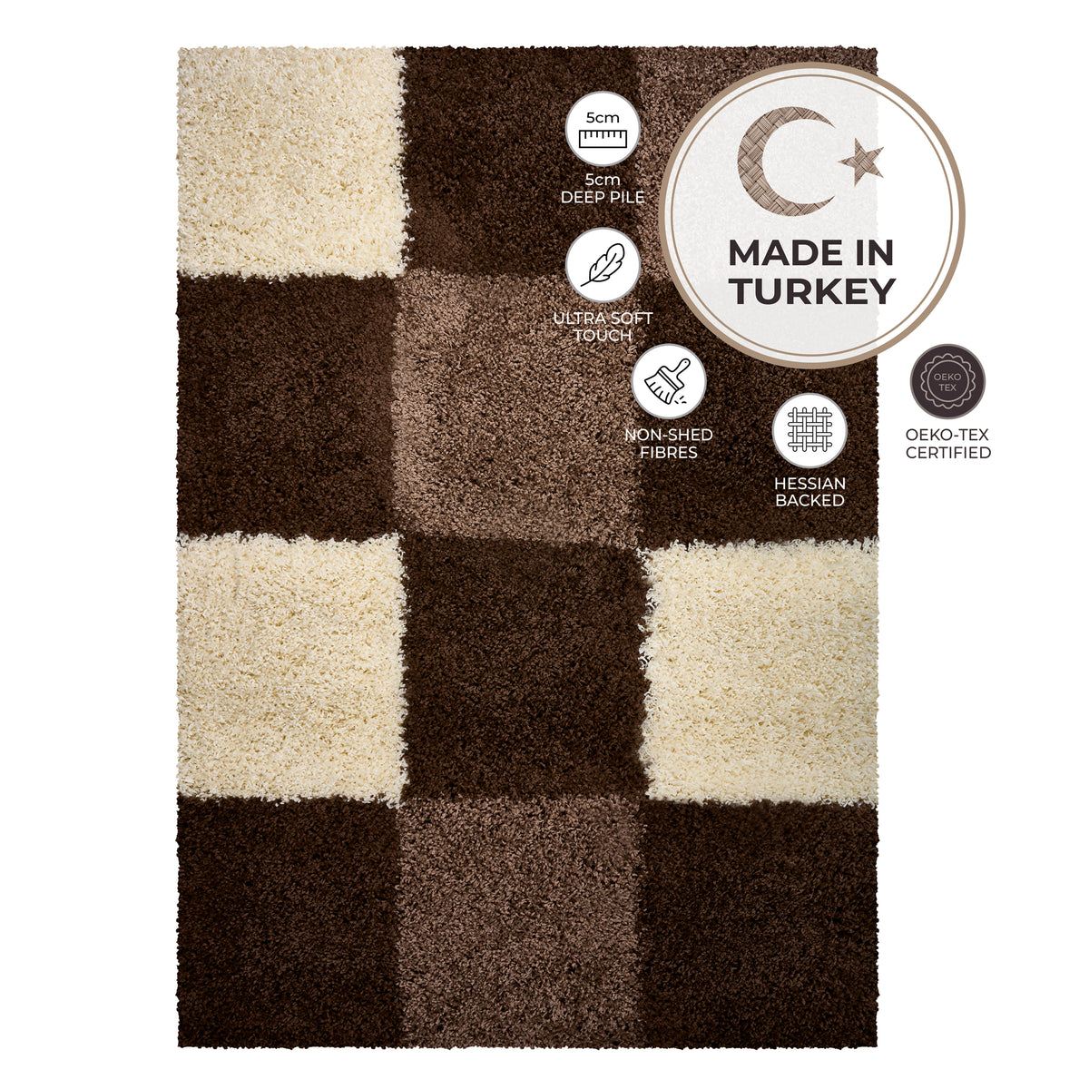 California Brown Checked Shaggy Rug, Brown, Beige and Cream Tartan Thick 5cm Pile Rug for Living Room and Bedroom