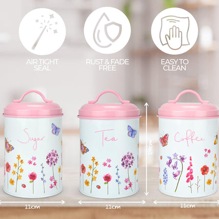 Butterfly Garden Floral Kitchen Storage Canister Tins - Tea, Coffee, Sugar, Biscuits-Bargainia.com