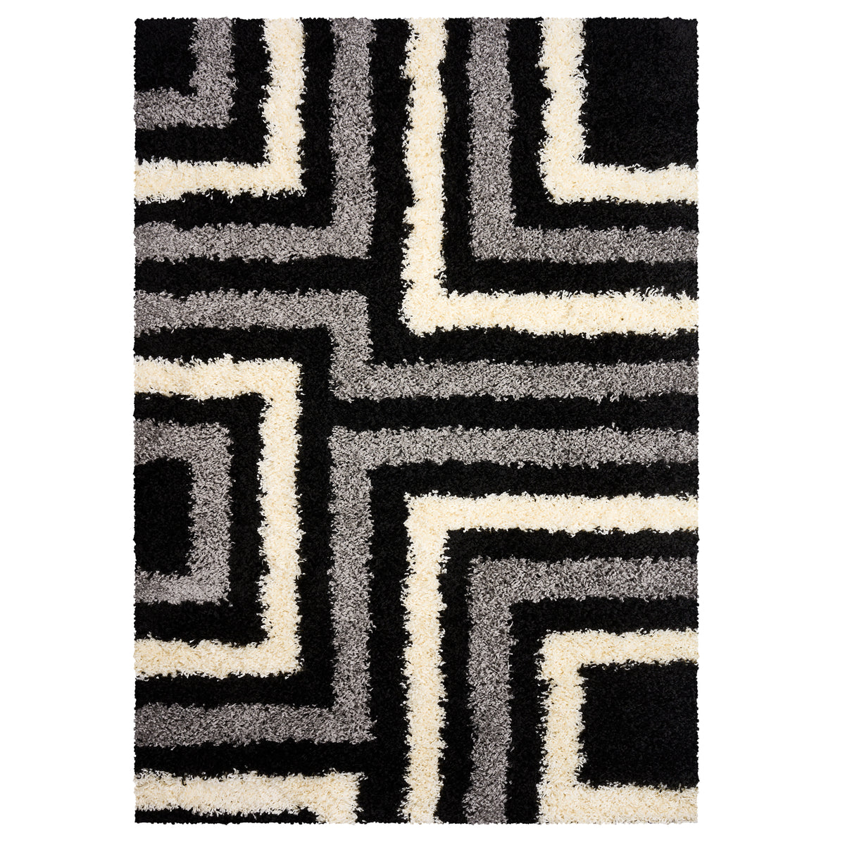 California Tides Grey Shaggy Rug, Striped Geometric 5cm Deep Pile Rug for Living Room and Bedroom, Non-Shedding