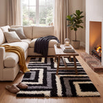California Tides Grey Shaggy Rug, Striped Geometric 5cm Deep Pile Rug for Living Room and Bedroom, Non-Shedding