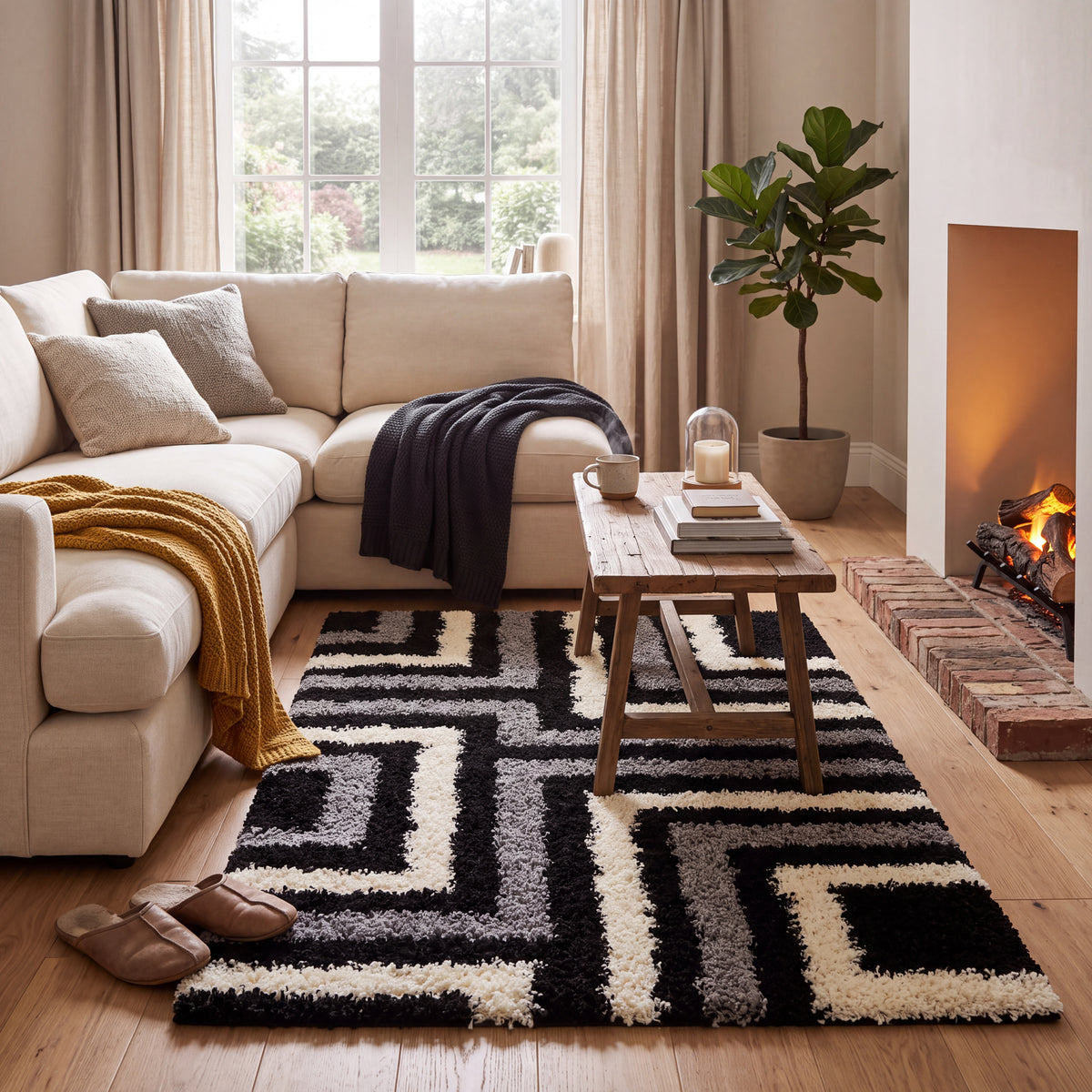 California Tides Grey Shaggy Rug, Striped Geometric 5cm Deep Pile Rug for Living Room and Bedroom, Non-Shedding