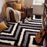 California Tides Grey Shaggy Rug, Striped Geometric 5cm Deep Pile Rug for Living Room and Bedroom, Non-Shedding