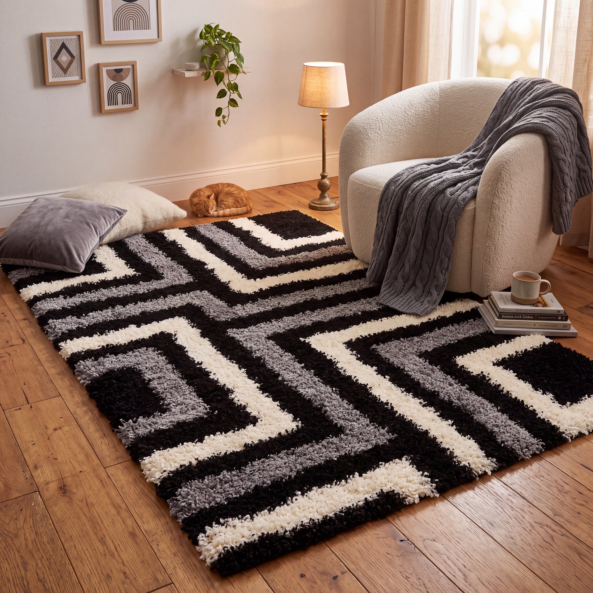 California Tides Grey Shaggy Rug, Striped Geometric 5cm Deep Pile Rug for Living Room and Bedroom, Non-Shedding