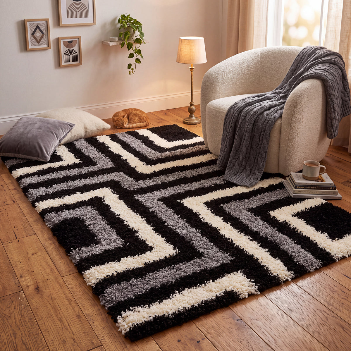 California Tides Grey Shaggy Rug, Striped Geometric 5cm Deep Pile Rug for Living Room and Bedroom, Non-Shedding