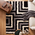 California Tides Grey Shaggy Rug, Striped Geometric 5cm Deep Pile Rug for Living Room and Bedroom, Non-Shedding