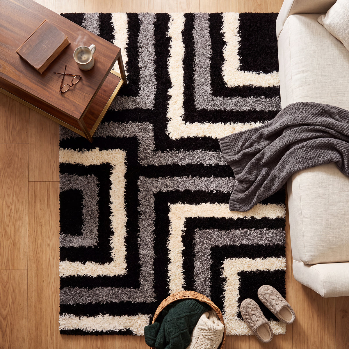 California Tides Grey Shaggy Rug, Striped Geometric 5cm Deep Pile Rug for Living Room and Bedroom, Non-Shedding