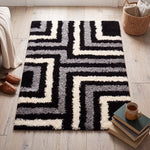 California Tides Grey Shaggy Rug, Striped Geometric 5cm Deep Pile Rug for Living Room and Bedroom, Non-Shedding
