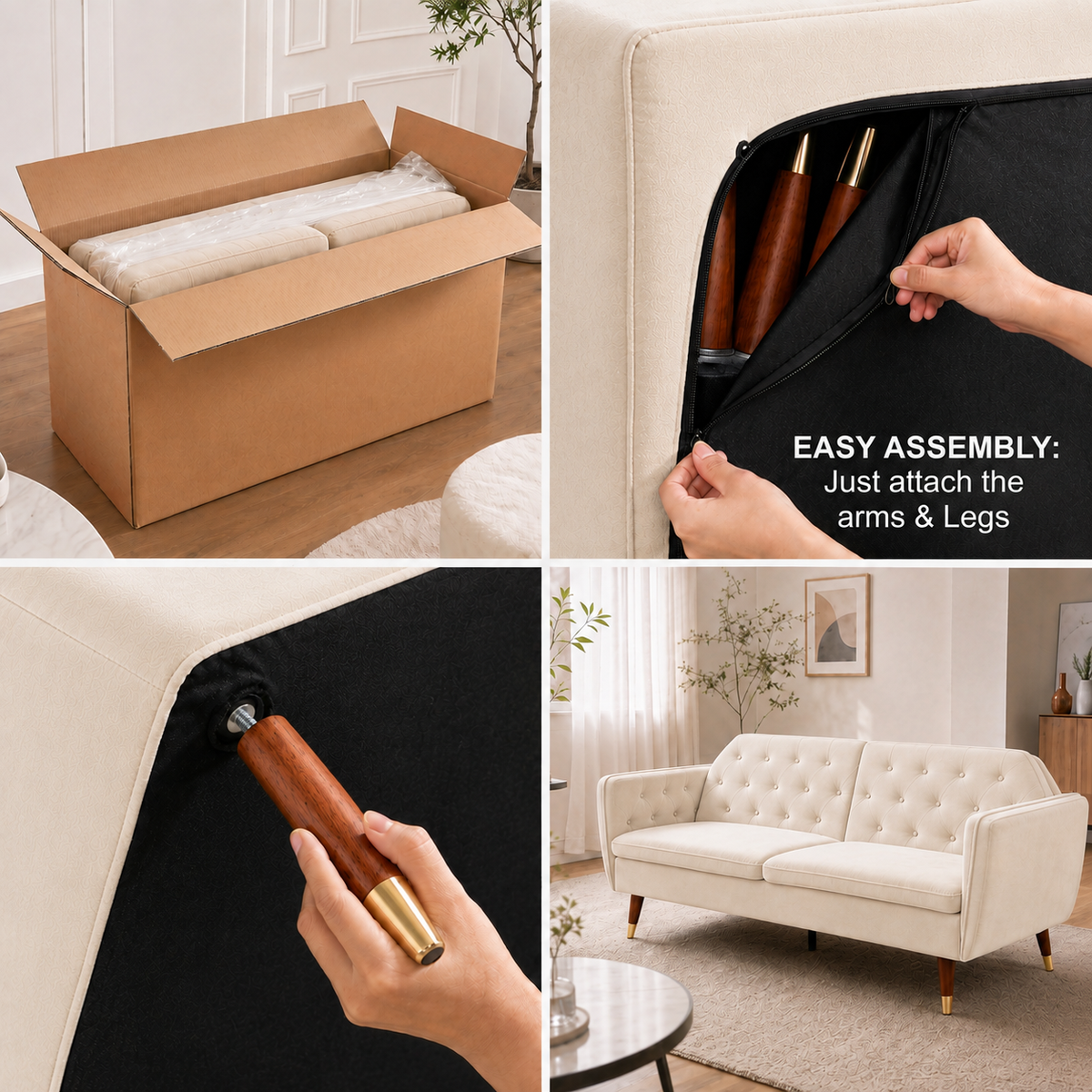 Victoria Velvet Sofa Bed, Cream, 3 Seater Click Clack Double Sofa Bed with Split Back and Gold Legs