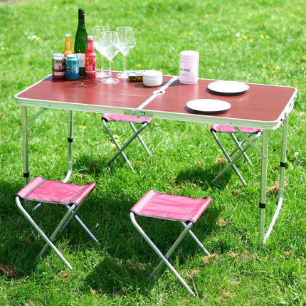 Folding Picnic Table with 4 Stools - Red Oak-Bargainia.com