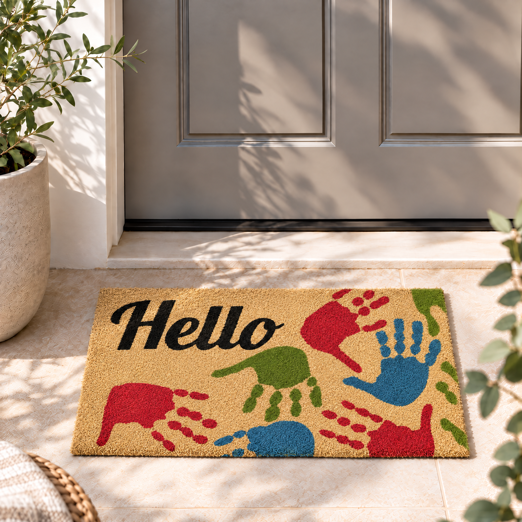 Goa Hello Coir Door Mat, Natural Coconut Fibre Welcome Doormat with Non-Slip Rubber Backing, 40 x 70cm