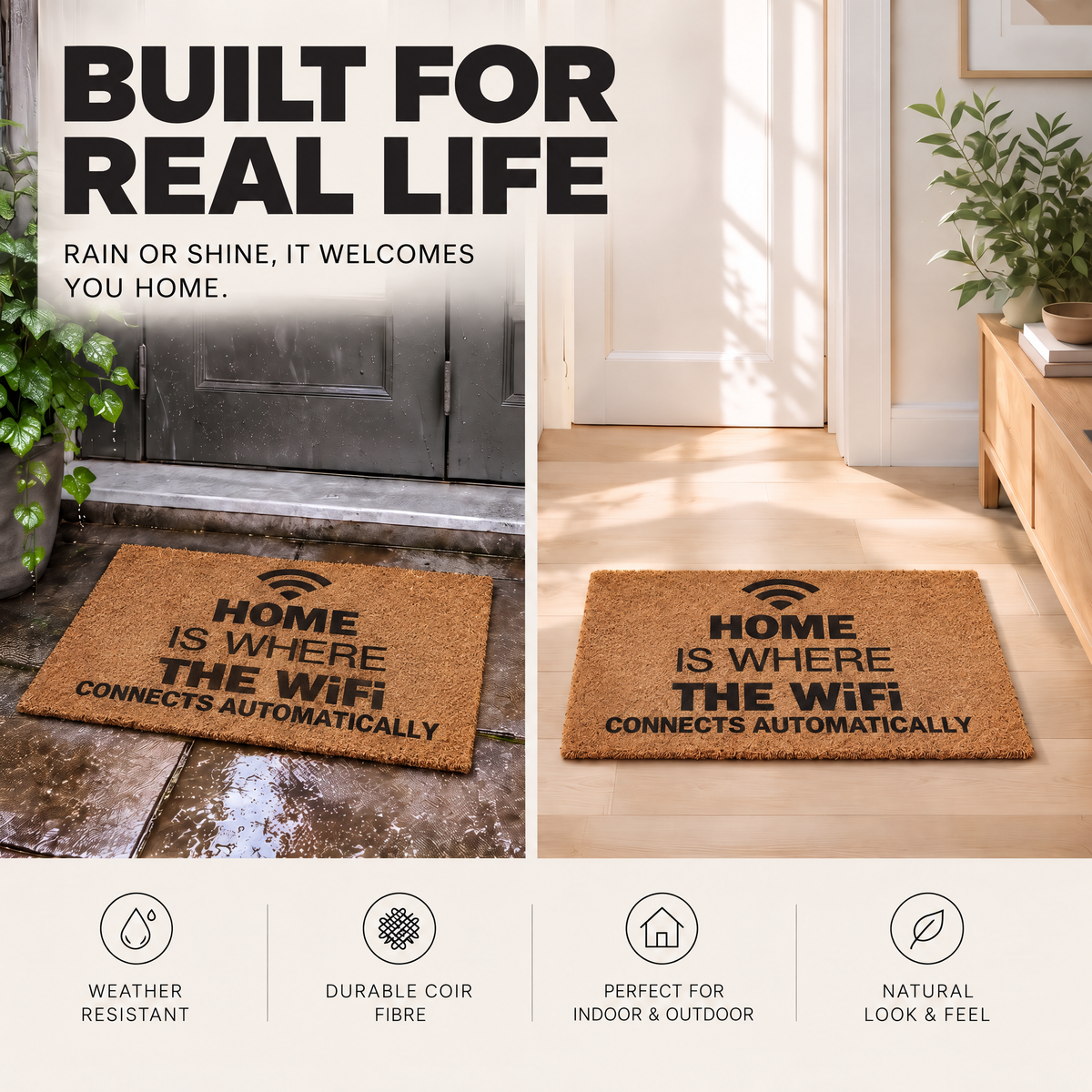 Goa Wifi Coir Door Mat, Funny Natural Coconut Fibre Doormat with Non-Slip Rubber Backing, 40 x 70cm