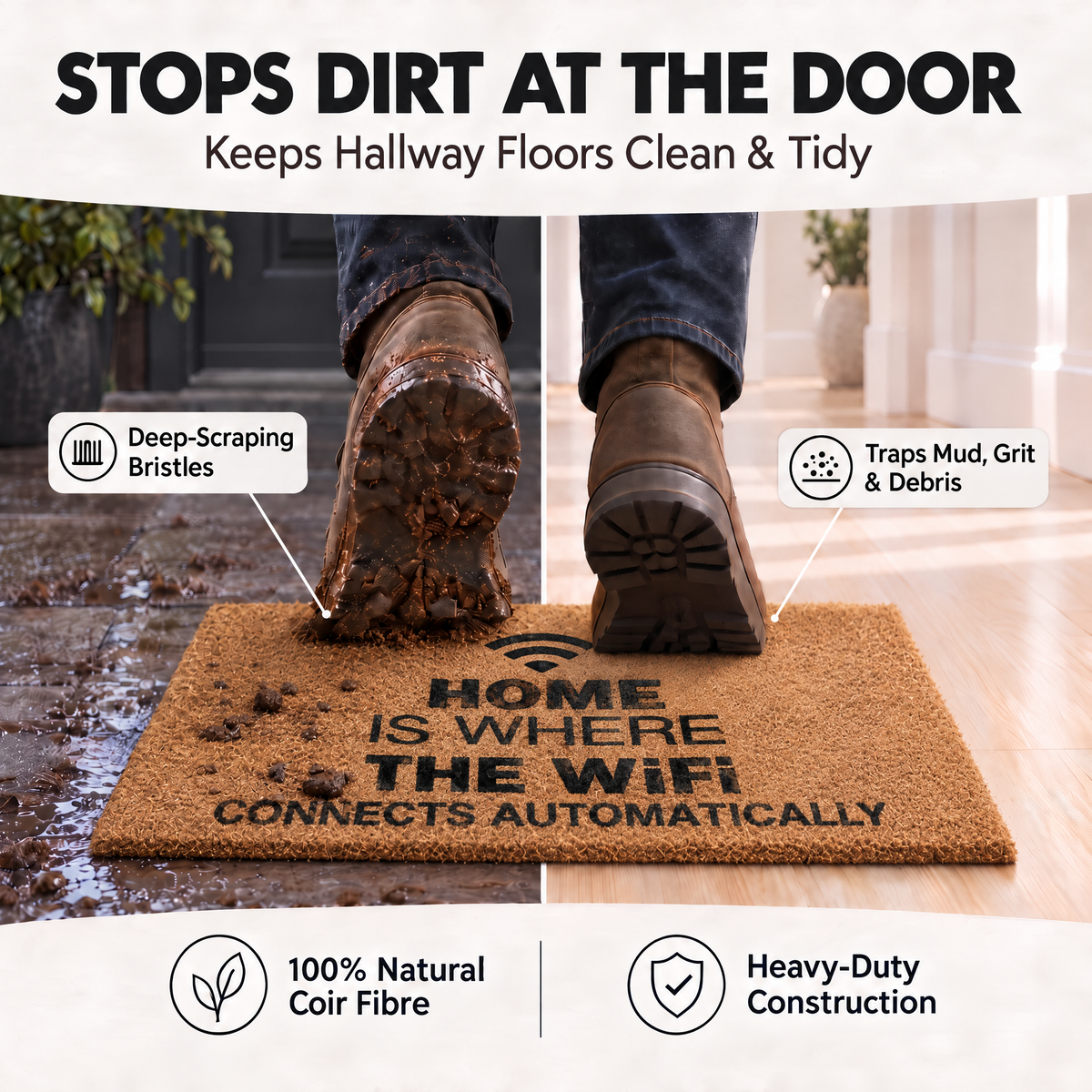 Goa Wifi Coir Door Mat, Funny Natural Coconut Fibre Doormat with Non-Slip Rubber Backing, 40 x 70cm