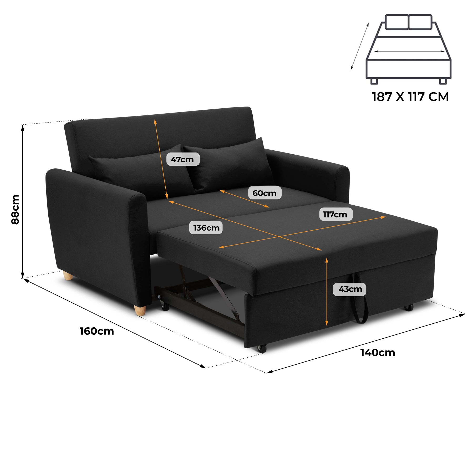 Dahlia Black Two Seater Pull Out Sofa Bed - Convertible Sleeper Sofa