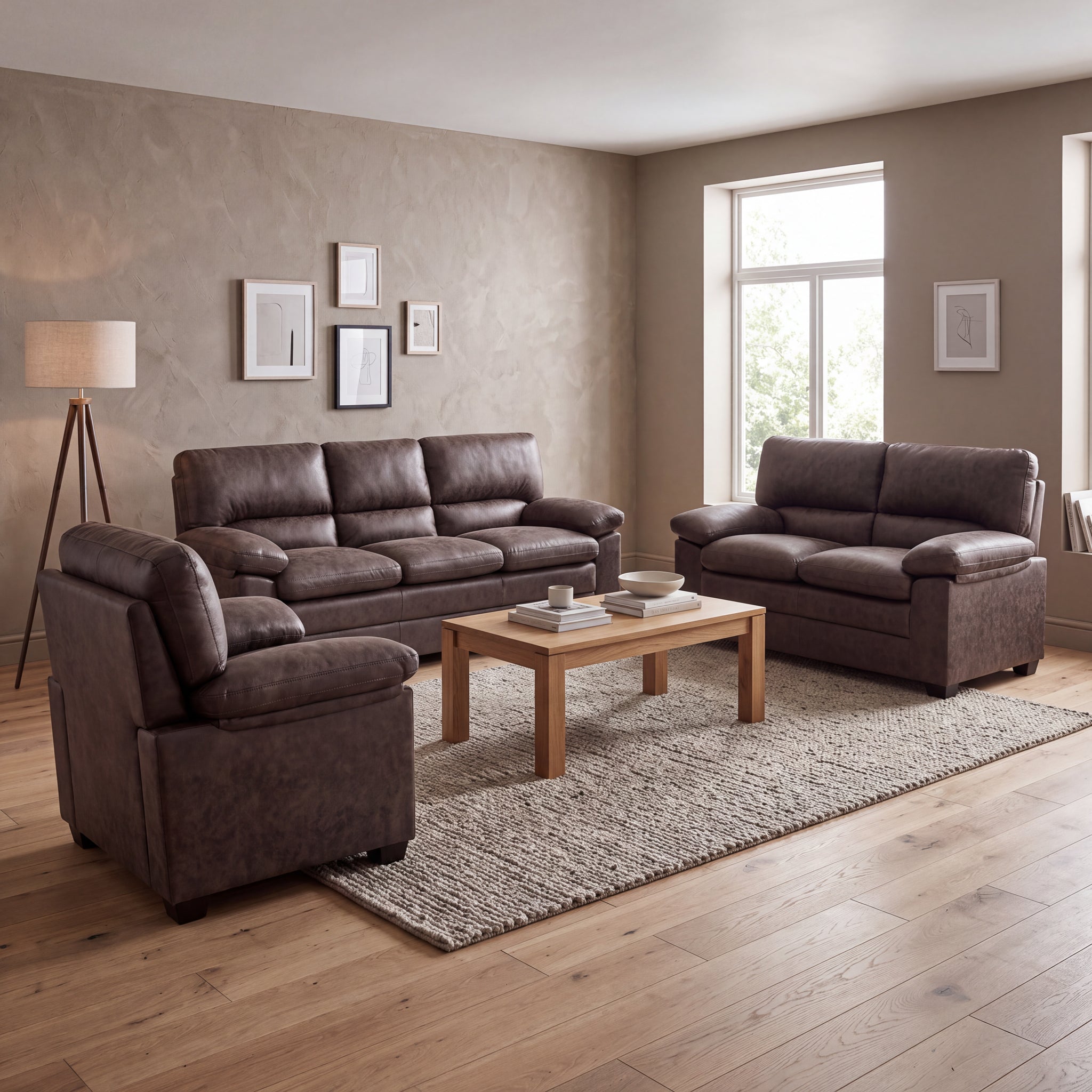 Oxford Faux Leather Sofa Suite, Chocolate Brown 3 Piece Set with Armchair, 2 Seater and 3 Seater Sofa