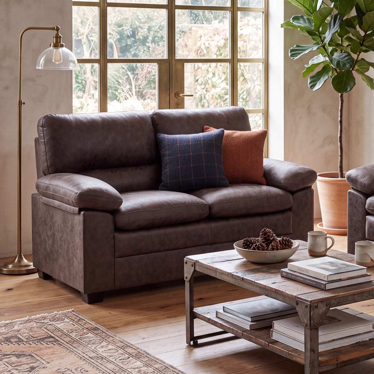 Oxford Faux Leather 2 Seater Sofa, Chocolate Brown Wipe Clean Settee with Padded Arms and Solid Wood Frame