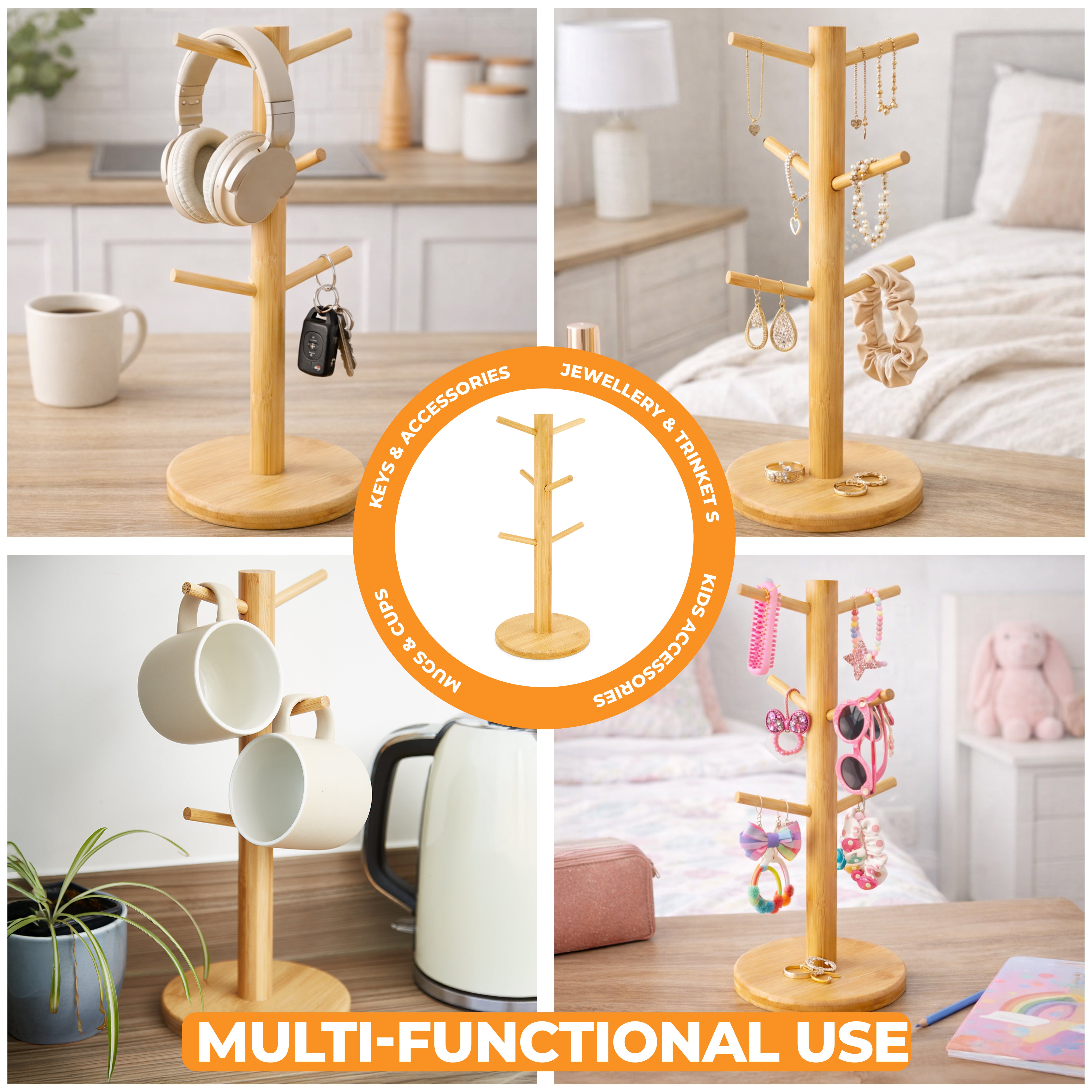 Bamboo Mug Tree Kitchen Storage For 6 Mugs