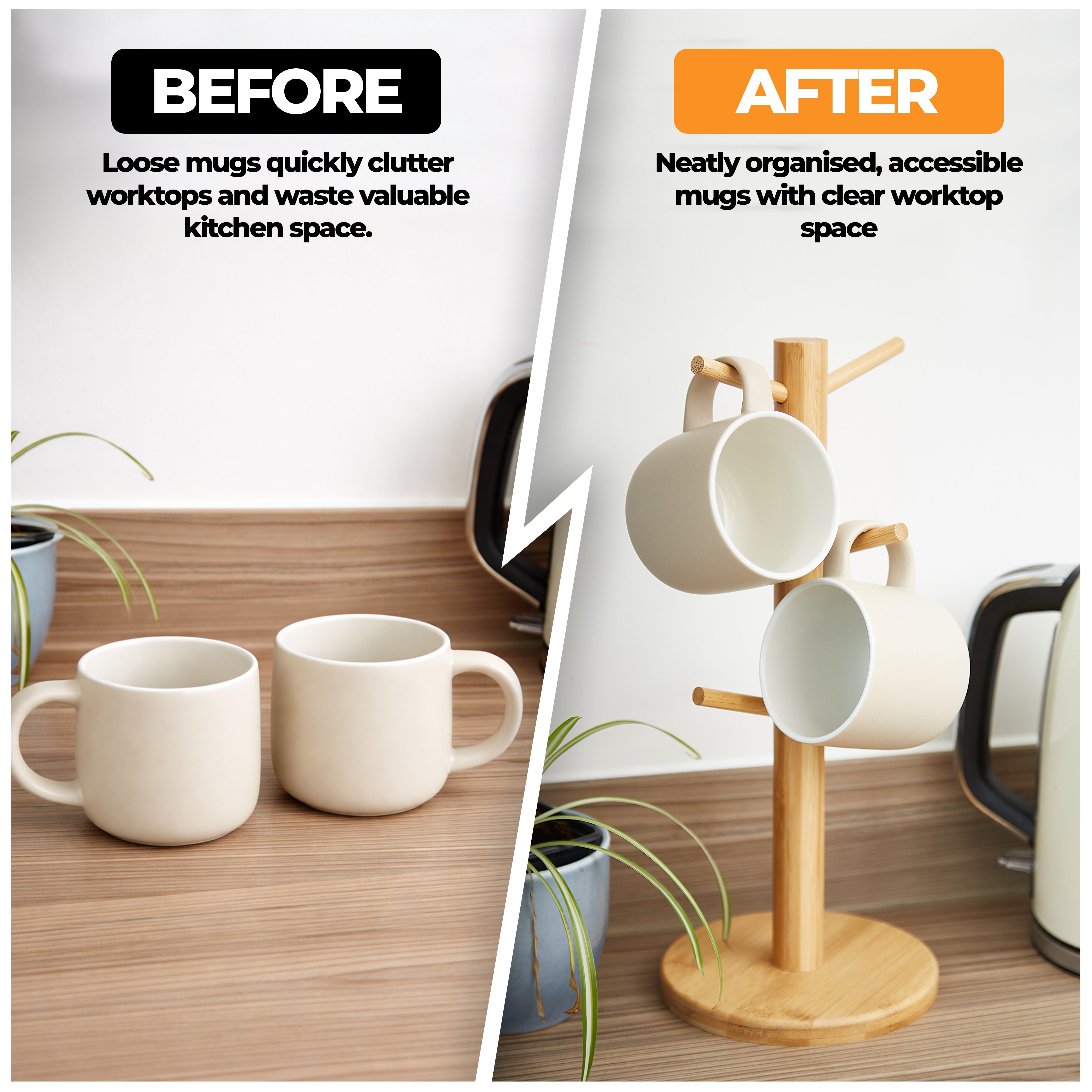 Bamboo Mug Tree Kitchen Storage For 6 Mugs