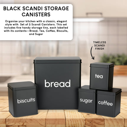 Set of 5 Kitchen Storage Canisters - Black Scandi-503694-Bargainia.com