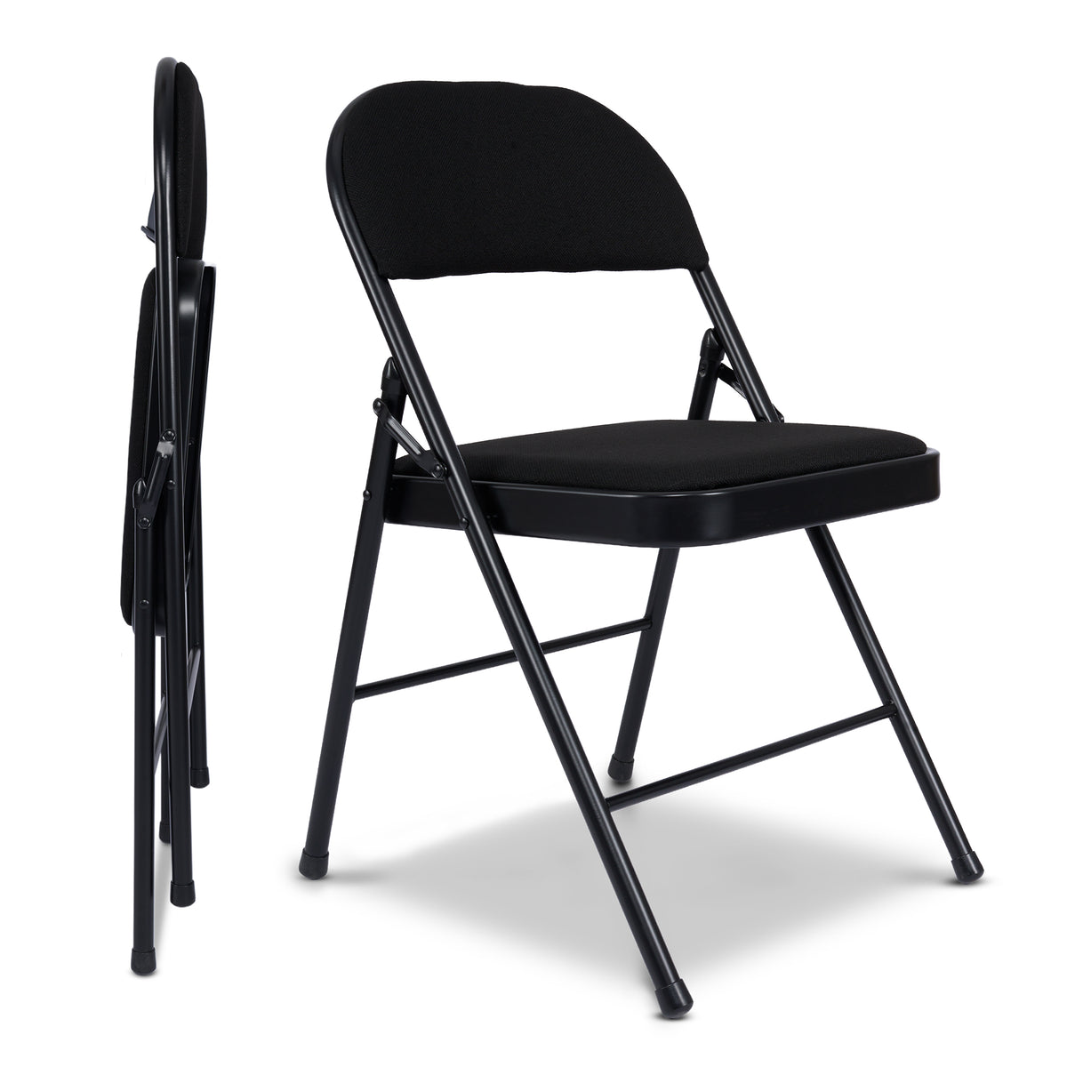Padded Fabric Folding Chair, Black Foldable Dining and Desk Chair with Tubular Steel Frame, No Assembly