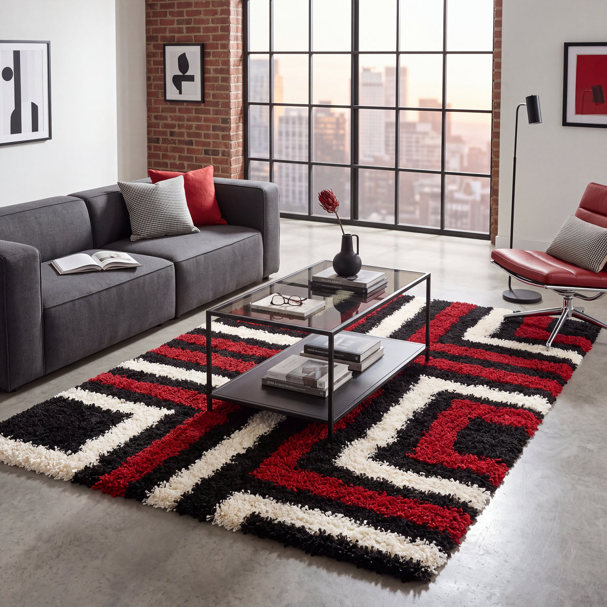 California Red Tides Shaggy Rug, Thick 5cm Deep Pile Geometric Rug for Living Room and Bedroom, Non-Shedding